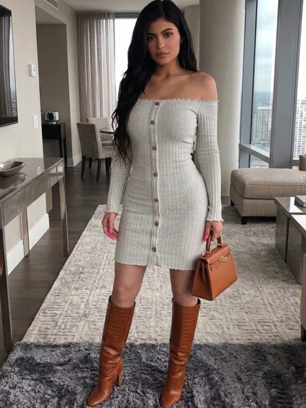 Fashion Nova Off-Shoulder Button Down Ribbed MIDI Dress